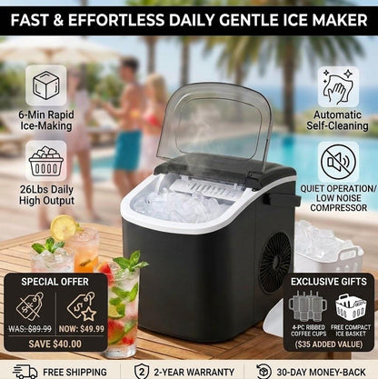 Compact Countertop Ice Maker with Self-Cleaning
