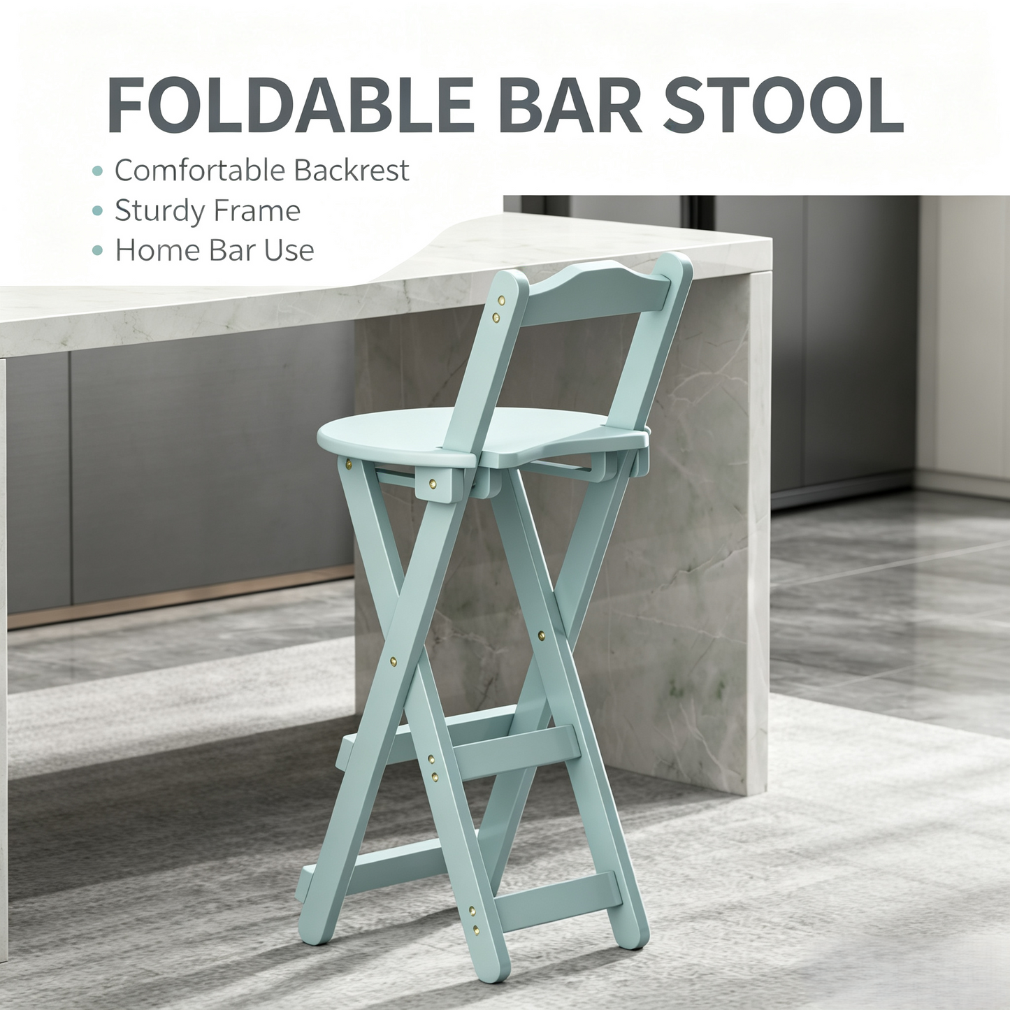 Foldable Wooden Bar Stool with Backrest, Counter Height Folding Chair