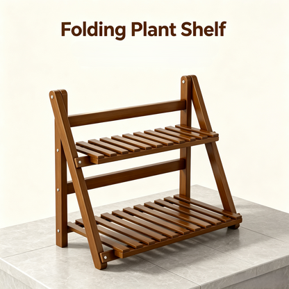 2-Tier Folding Wooden Plant Stand, Tabletop Flower Pot Display Rack