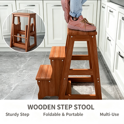 Foldable Wooden 3-Step Stool, Multifunctional Home Step Ladder