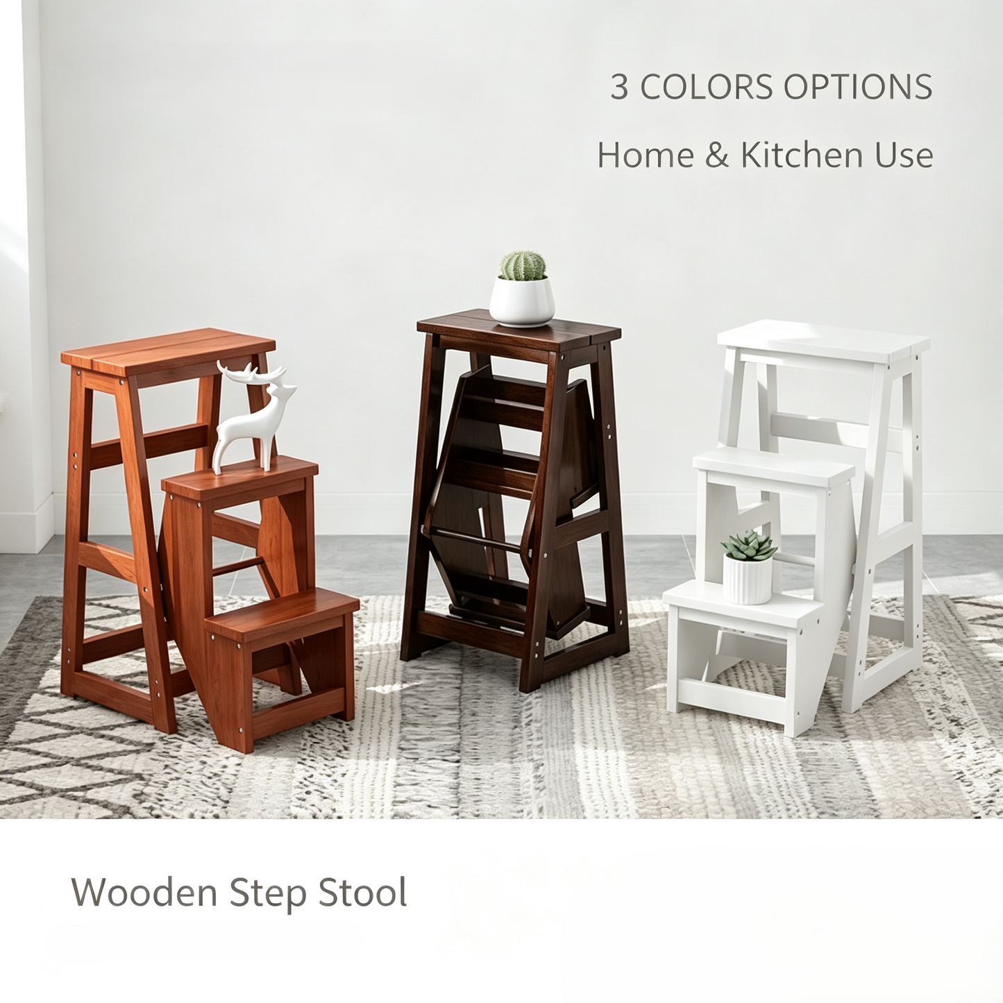 Foldable Wooden 3-Step Stool, Multifunctional Home Step Ladder
