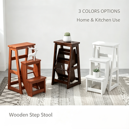 Foldable Wooden 3-Step Stool, Multifunctional Home Step Ladder