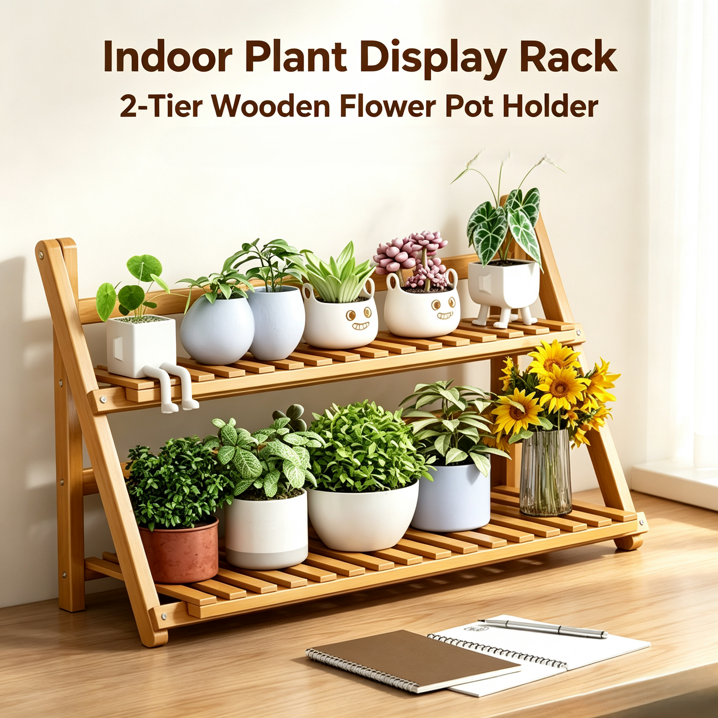 2-Tier Folding Wooden Plant Stand, Tabletop Flower Pot Display Rack