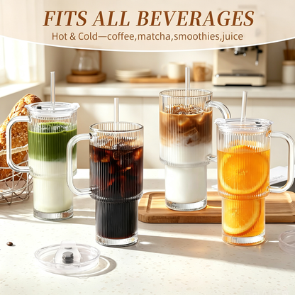 Iced Coffee Tumbler with Lid: Coffee Bar Accessories - 4-Pack Ribbed Glass Cups with Lids and Straws - 24 oz (approx. 680 ml) Leak-Proof Cup - Glass Tumbler with Lid and Straw - 700ml Coffee Mug with Handle