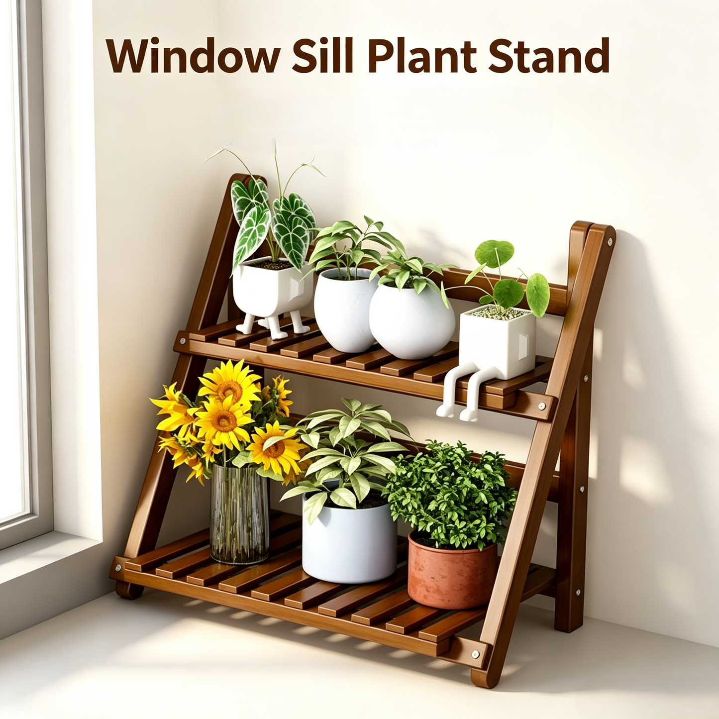 2-Tier Folding Wooden Plant Stand, Tabletop Flower Pot Display Rack