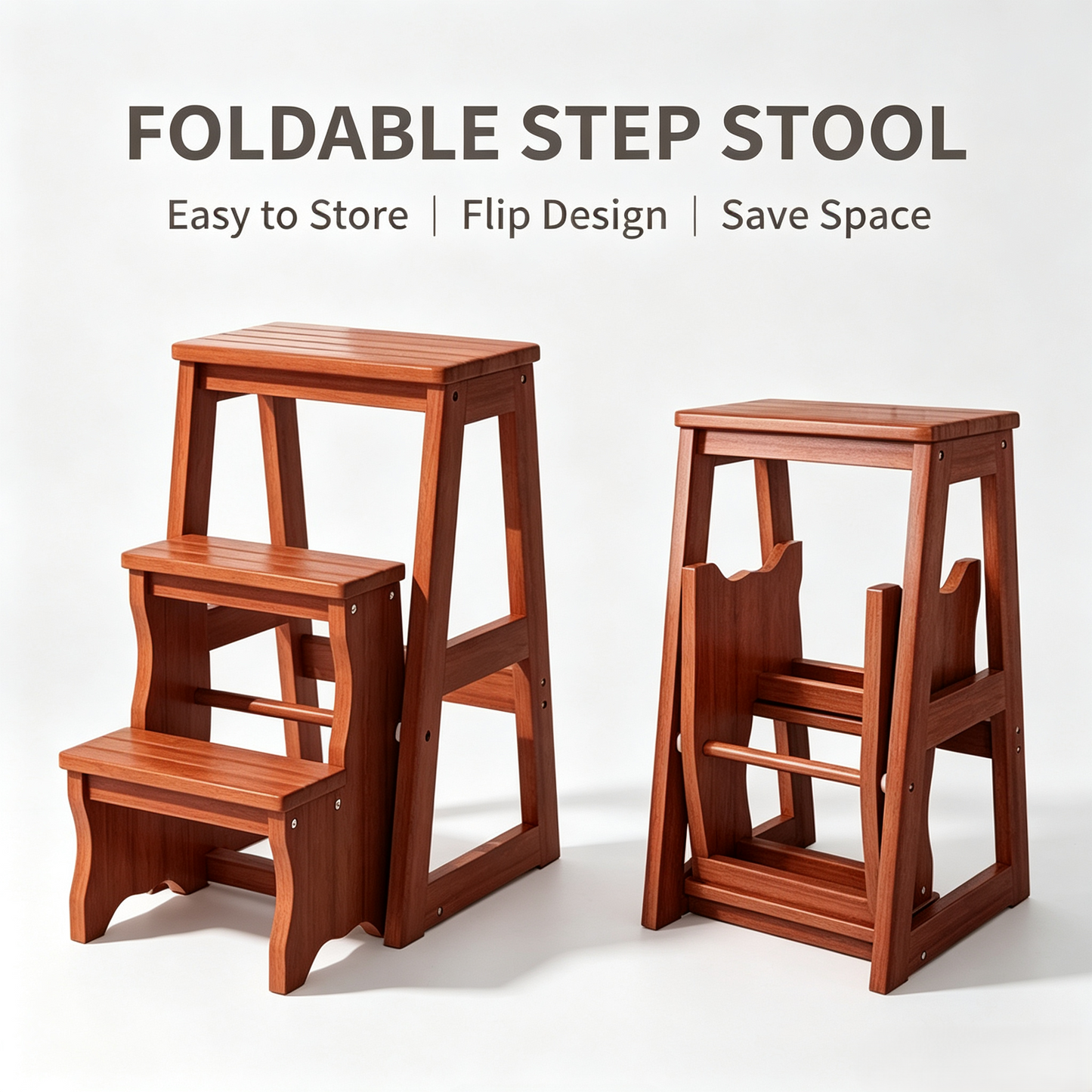 Foldable Wooden 3-Step Stool, Multifunctional Home Step Ladder