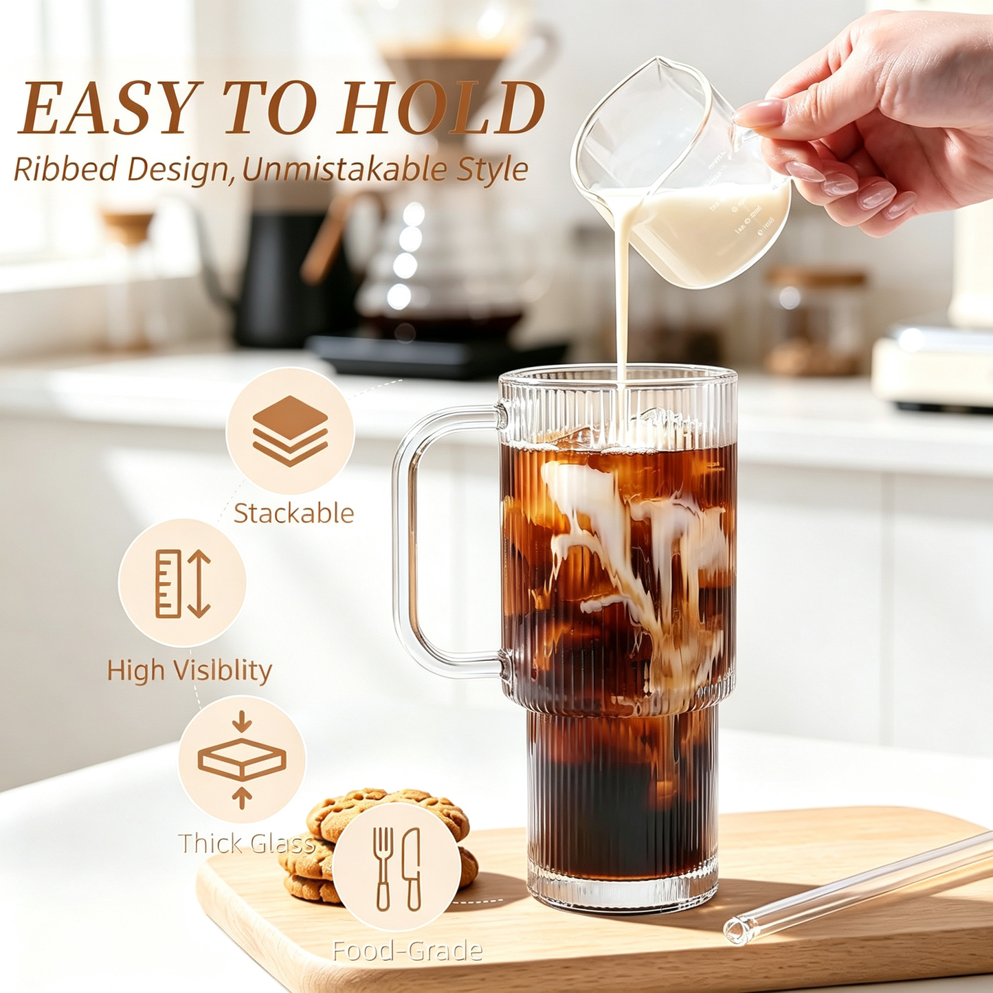 Iced Coffee Tumbler with Lid: Coffee Bar Accessories - 4-Pack Ribbed Glass Cups with Lids and Straws - 24 oz (approx. 680 ml) Leak-Proof Cup - Glass Tumbler with Lid and Straw - 700ml Coffee Mug with Handle