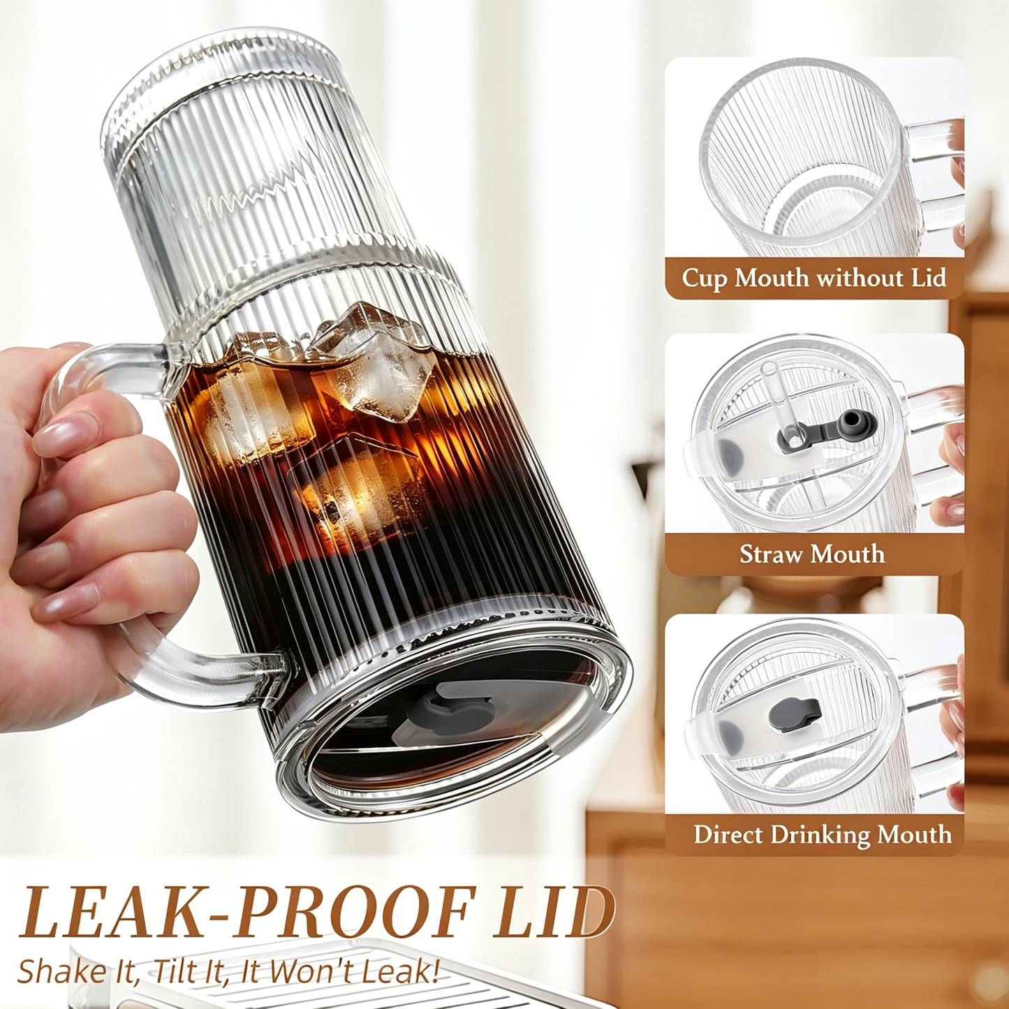 Iced Coffee Tumbler with Lid: Coffee Bar Accessories - 4-Pack Ribbed Glass Cups with Lids and Straws - 24 oz (approx. 680 ml) Leak-Proof Cup - Glass Tumbler with Lid and Straw - 700ml Coffee Mug with Handle