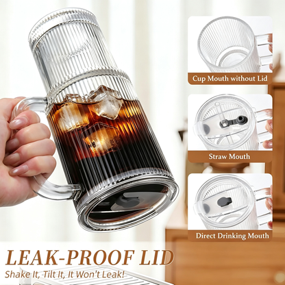 Iced Coffee Tumbler with Lid: Coffee Bar Accessories - 4-Pack Ribbed Glass Cups with Lids and Straws - 24 oz (approx. 680 ml) Leak-Proof Cup - Glass Tumbler with Lid and Straw - 700ml Coffee Mug with Handle