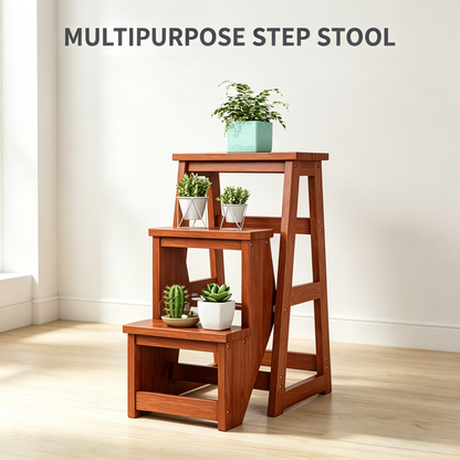 Foldable Wooden 3-Step Stool, Multifunctional Home Step Ladder
