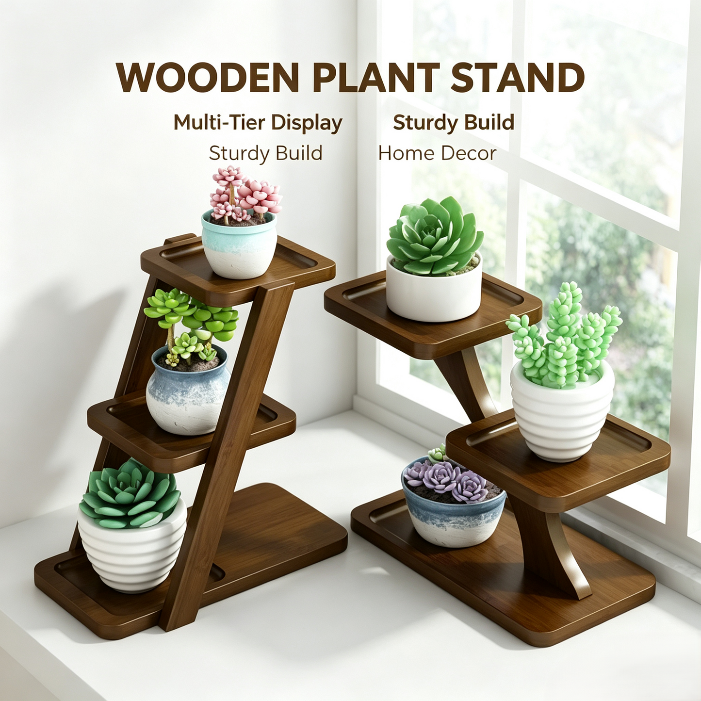 Desktop Wooden Succulent Plant Stand, Small Tabletop Flower Pot Display Rack