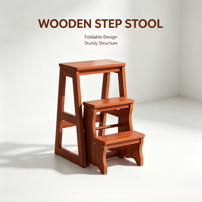 Foldable Wooden 3-Step Stool, Multifunctional Home Step Ladder