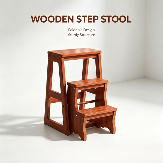 Foldable Wooden 3-Step Stool, Multifunctional Home Step Ladder
