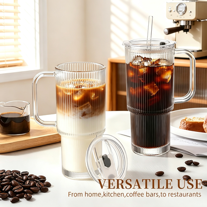 Iced Coffee Tumbler with Lid: Coffee Bar Accessories - 4-Pack Ribbed Glass Cups with Lids and Straws - 24 oz (approx. 680 ml) Leak-Proof Cup - Glass Tumbler with Lid and Straw - 700ml Coffee Mug with Handle