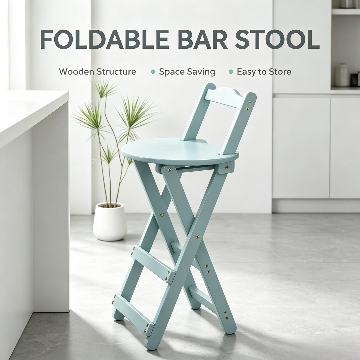 Foldable Wooden Bar Stool with Backrest, Counter Height Folding Chair
