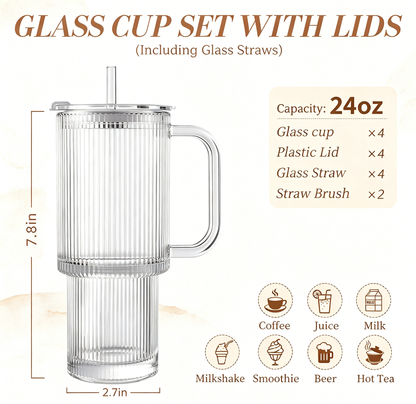 Iced Coffee Tumbler with Lid: Coffee Bar Accessories - 4-Pack Ribbed Glass Cups with Lids and Straws - 24 oz (approx. 680 ml) Leak-Proof Cup - Glass Tumbler with Lid and Straw - 700ml Coffee Mug with Handle