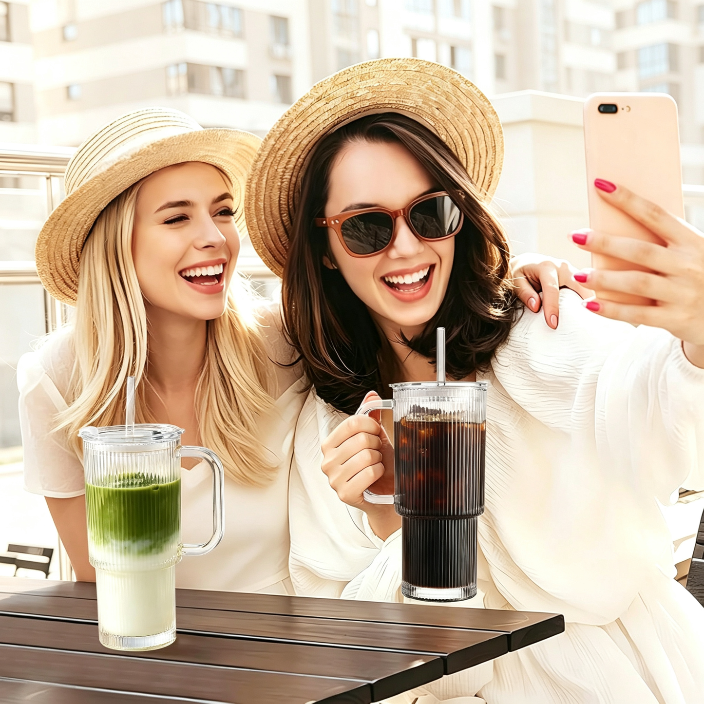 Iced Coffee Tumbler with Lid: Coffee Bar Accessories - 4-Pack Ribbed Glass Cups with Lids and Straws - 24 oz (approx. 680 ml) Leak-Proof Cup - Glass Tumbler with Lid and Straw - 700ml Coffee Mug with Handle